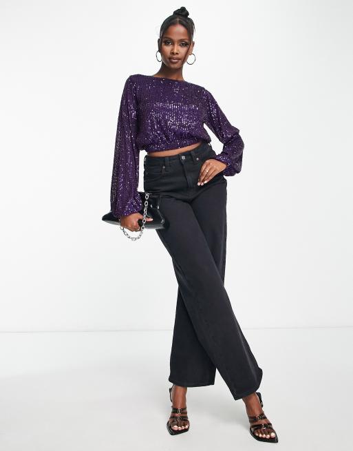 ASOS DESIGN sequin blouse with balloon sleeve in purple