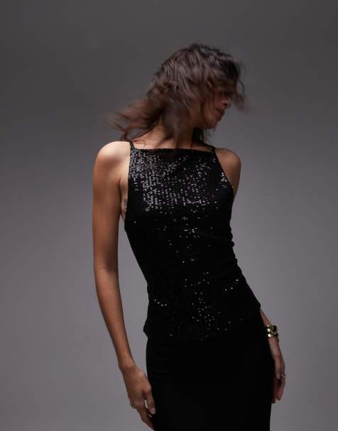 ASOS DESIGN sequin boat neck cami top with tie back in black - view 1