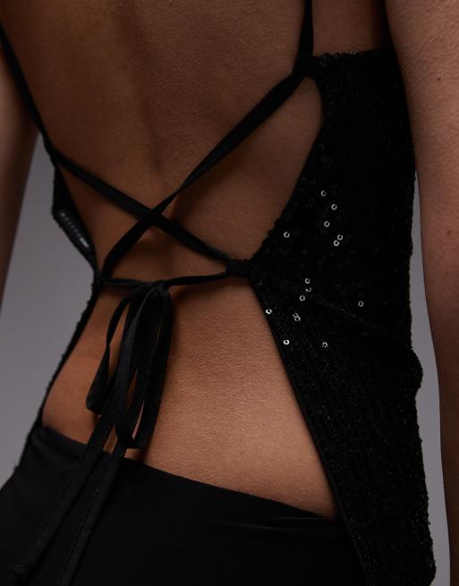 ASOS DESIGN sequin boat neck cami top with tie back in black, 4 of 4