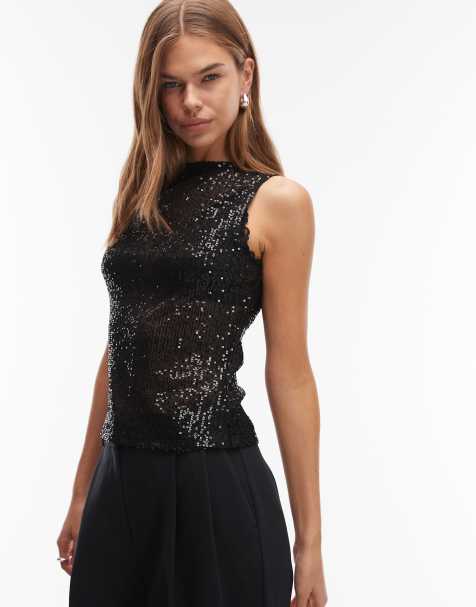 ASOS DESIGN sequin boat neck tank top in black