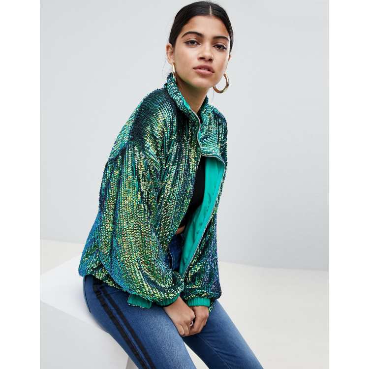 ASOS Tall Sequin Bomber Jacket in Blue for Men