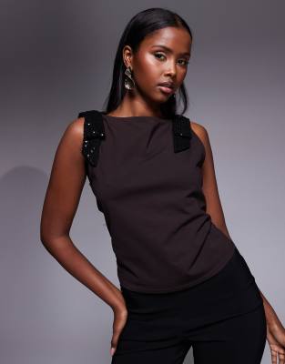 Asos Design Sequin Bow Shoulder Tank Top In Black