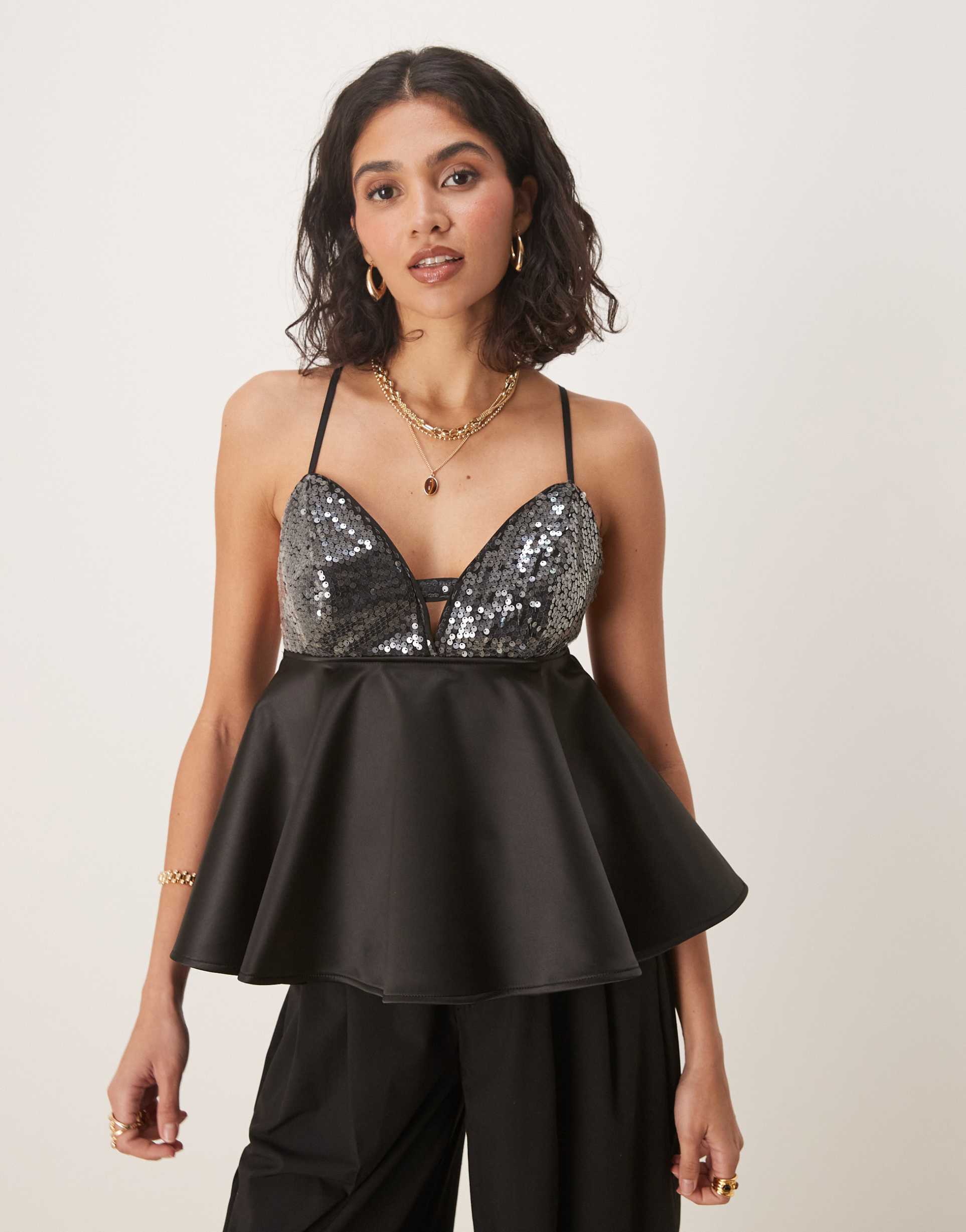 asos design sequin bust with peplum cami top in black
