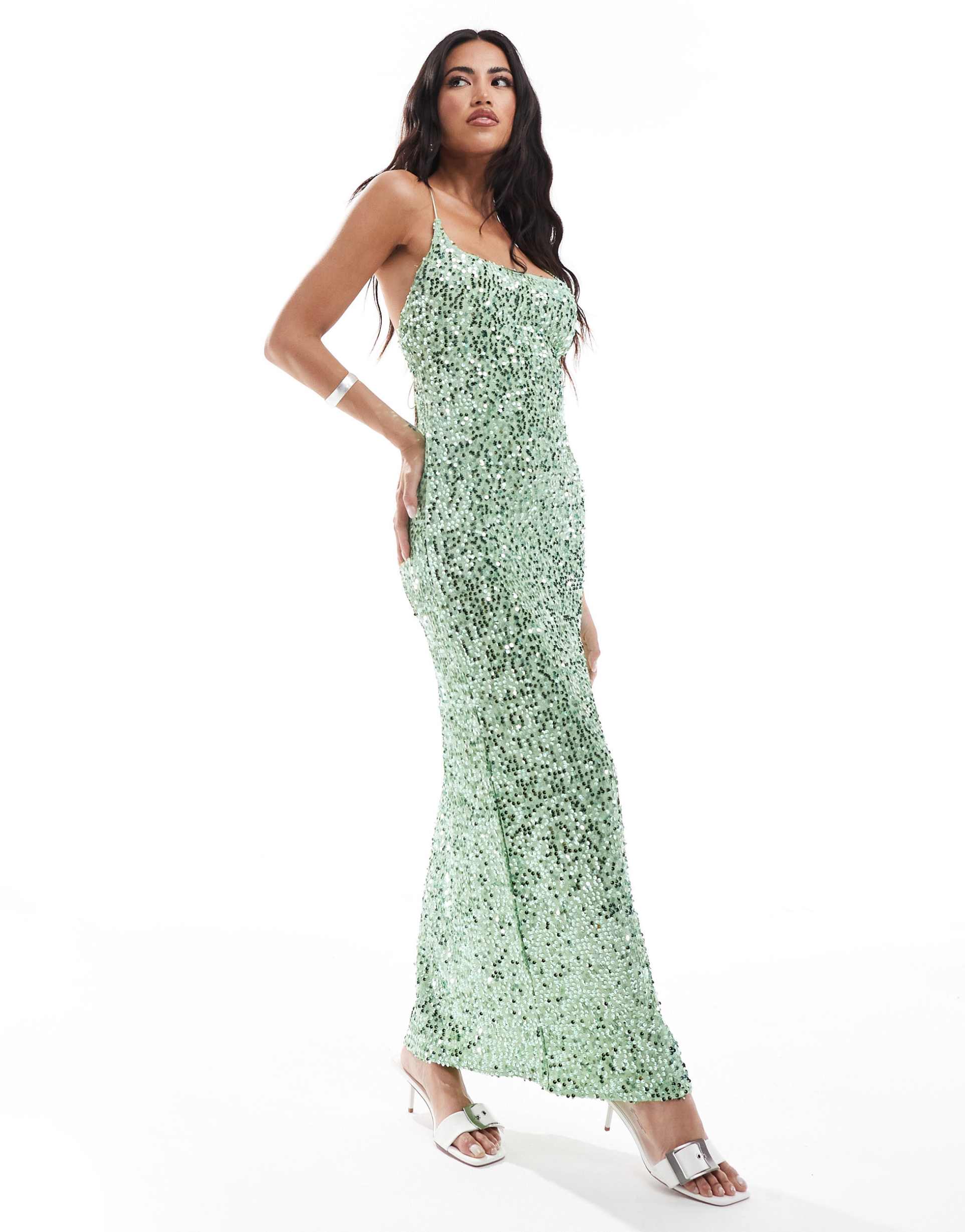 asos design sequin cami cross back maxi dress in mint