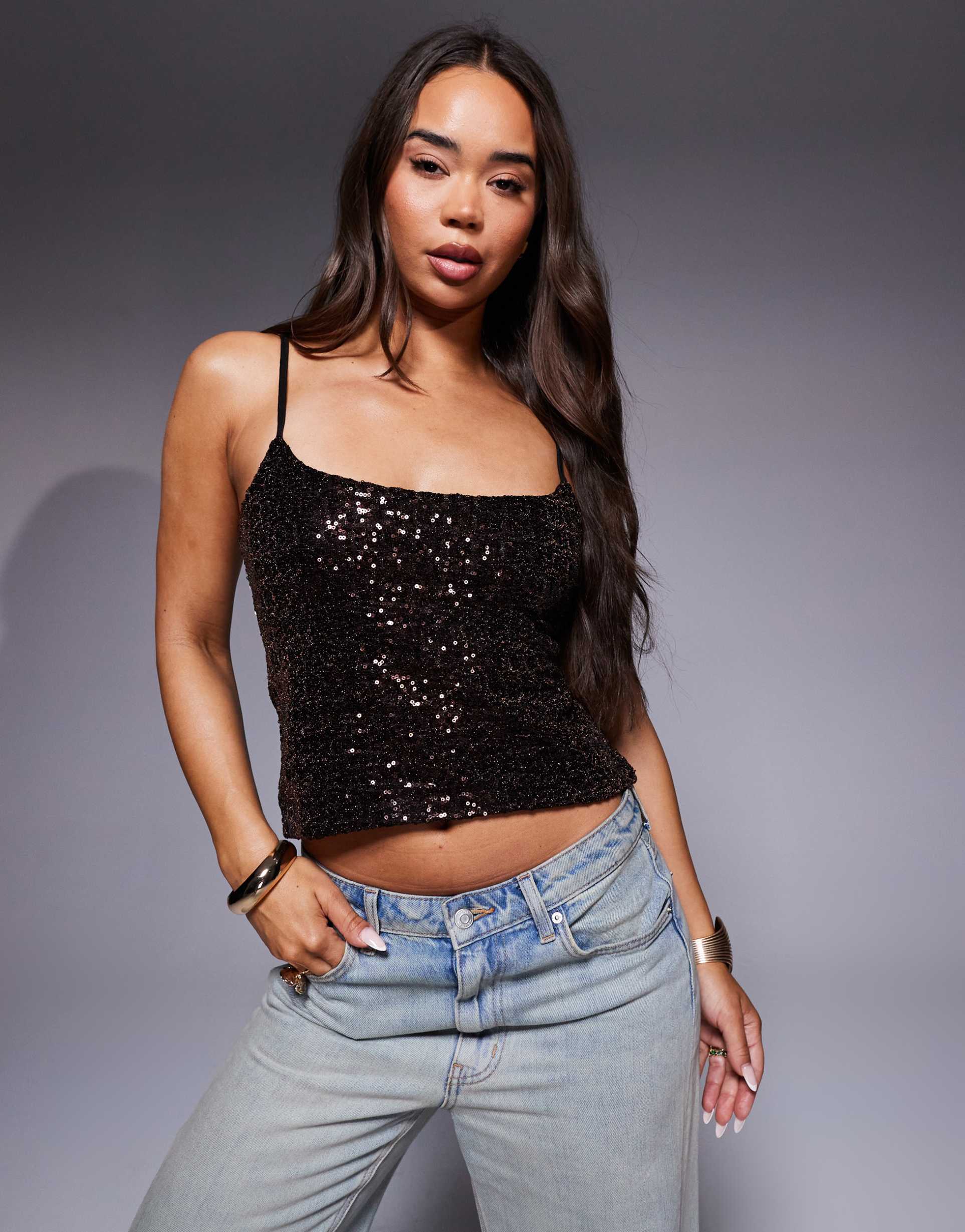 asos design sequin cami top in dark brown