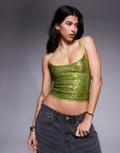 ASOS DESIGN sequin cami top in olive green - view 1