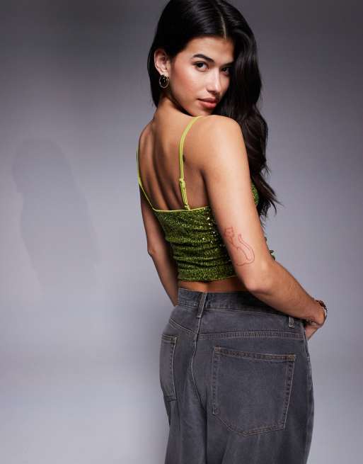 ASOS DESIGN sequin cami top in olive green