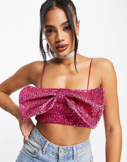 ASOS DESIGN sequin cami top with bow in pink | ASOS