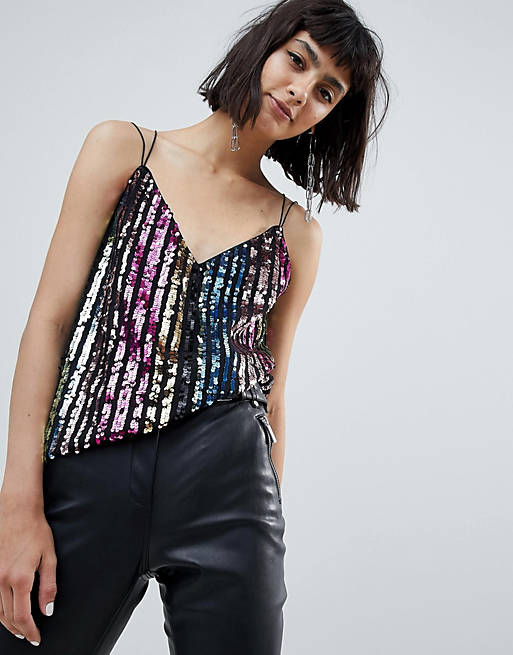 ASOS DESIGN sequin cami with strap detail in rainbow