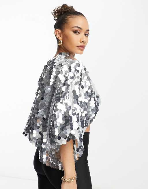 ASOS DESIGN sequin cape in silver , 2 of 4