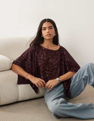 Asos Design Sequin Cape Top In Red