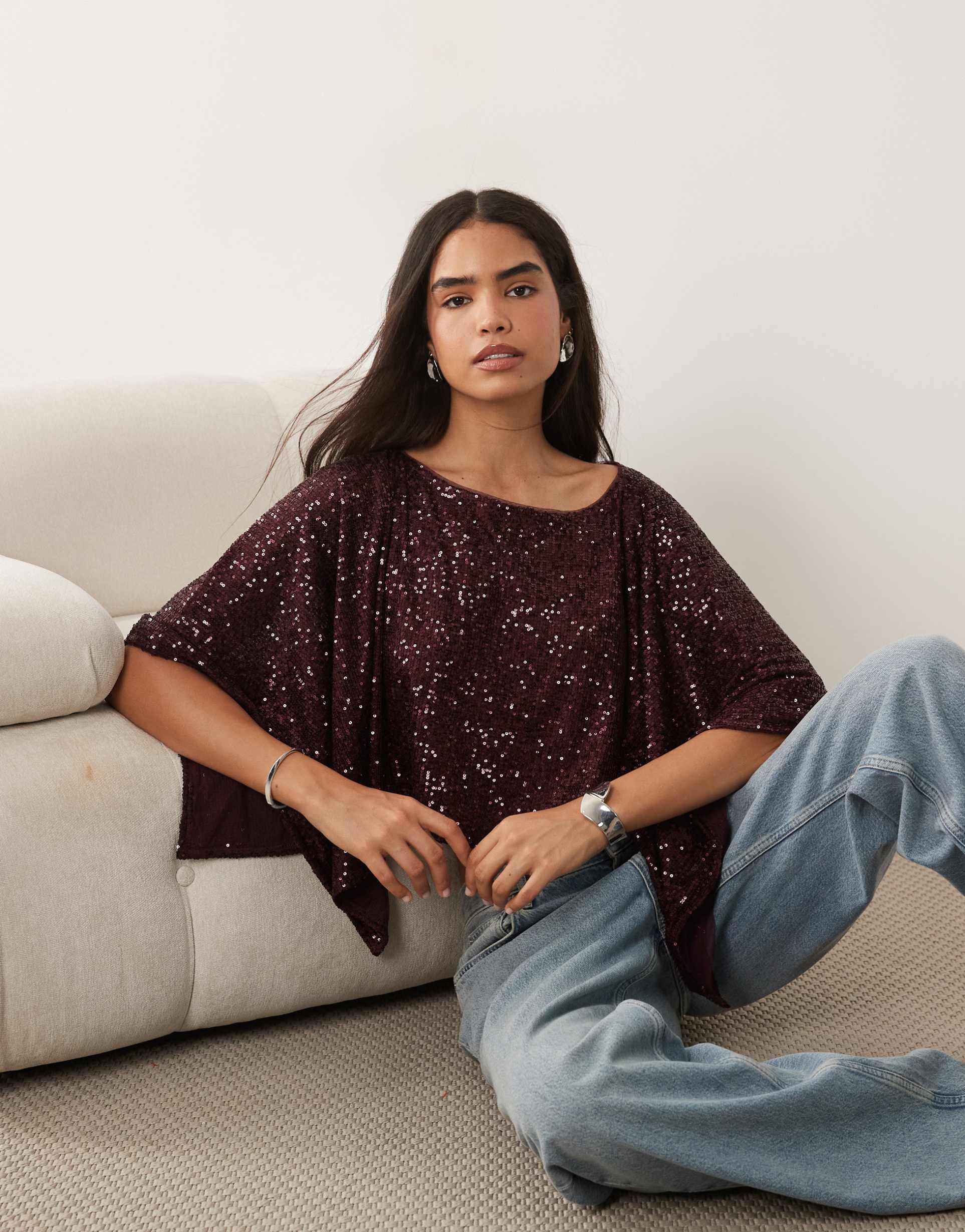 asos design sequin cape top in berry