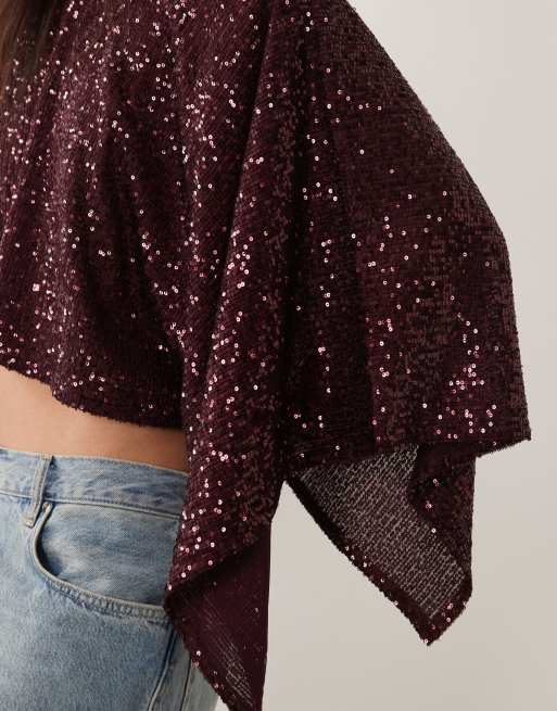 ASOS DESIGN sequin cape top in berry, 4 of 4