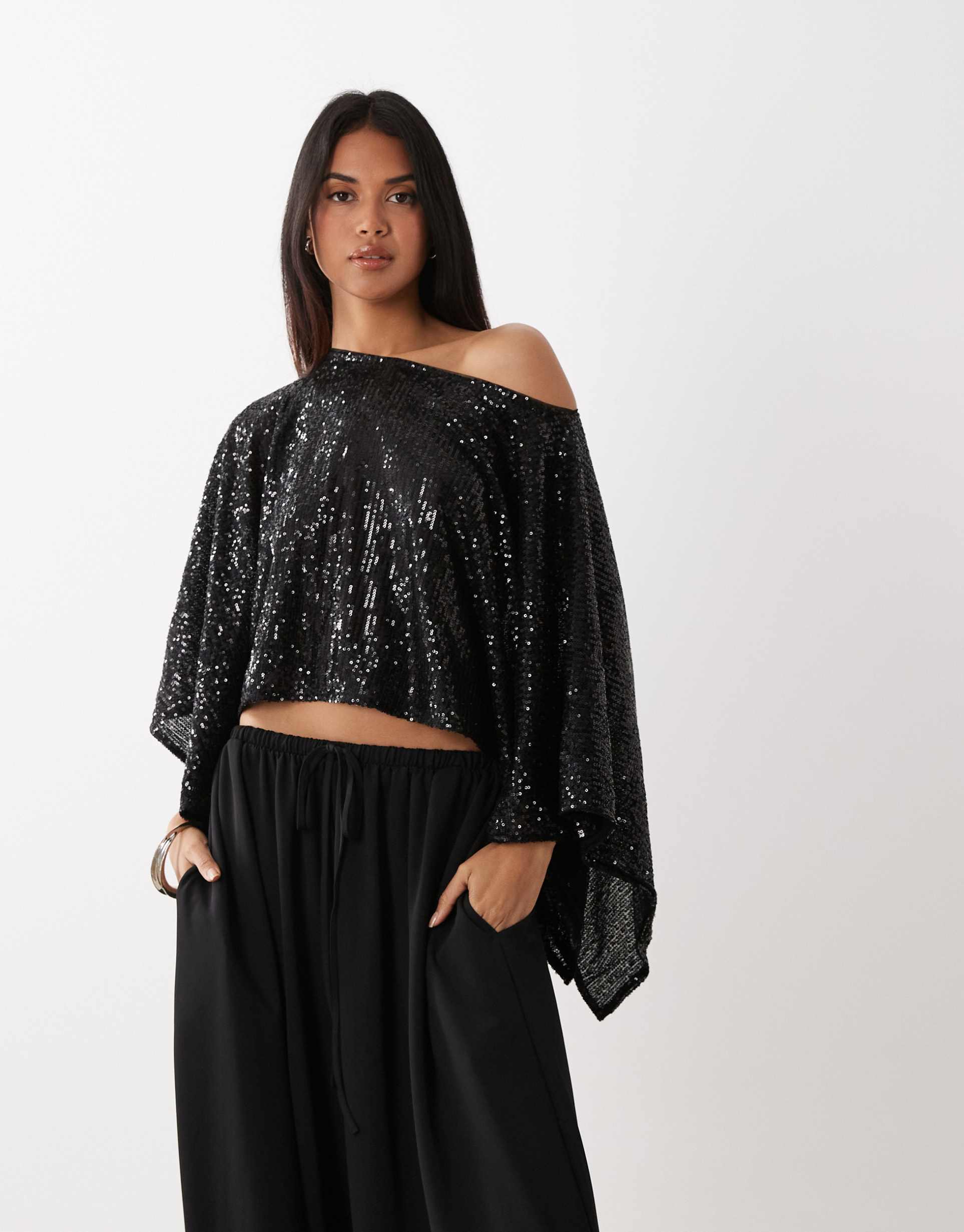 asos design sequin cape top in black