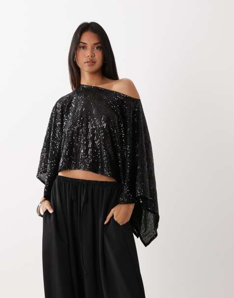 ASOS DESIGN sequin cape top in black