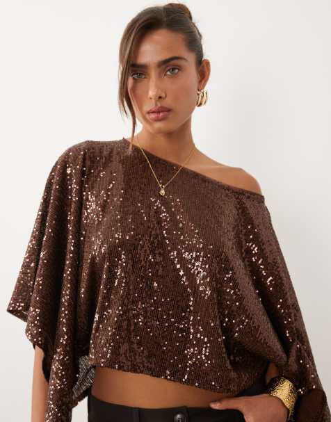 ASOS DESIGN sequin cape top in chocolate - view 1
