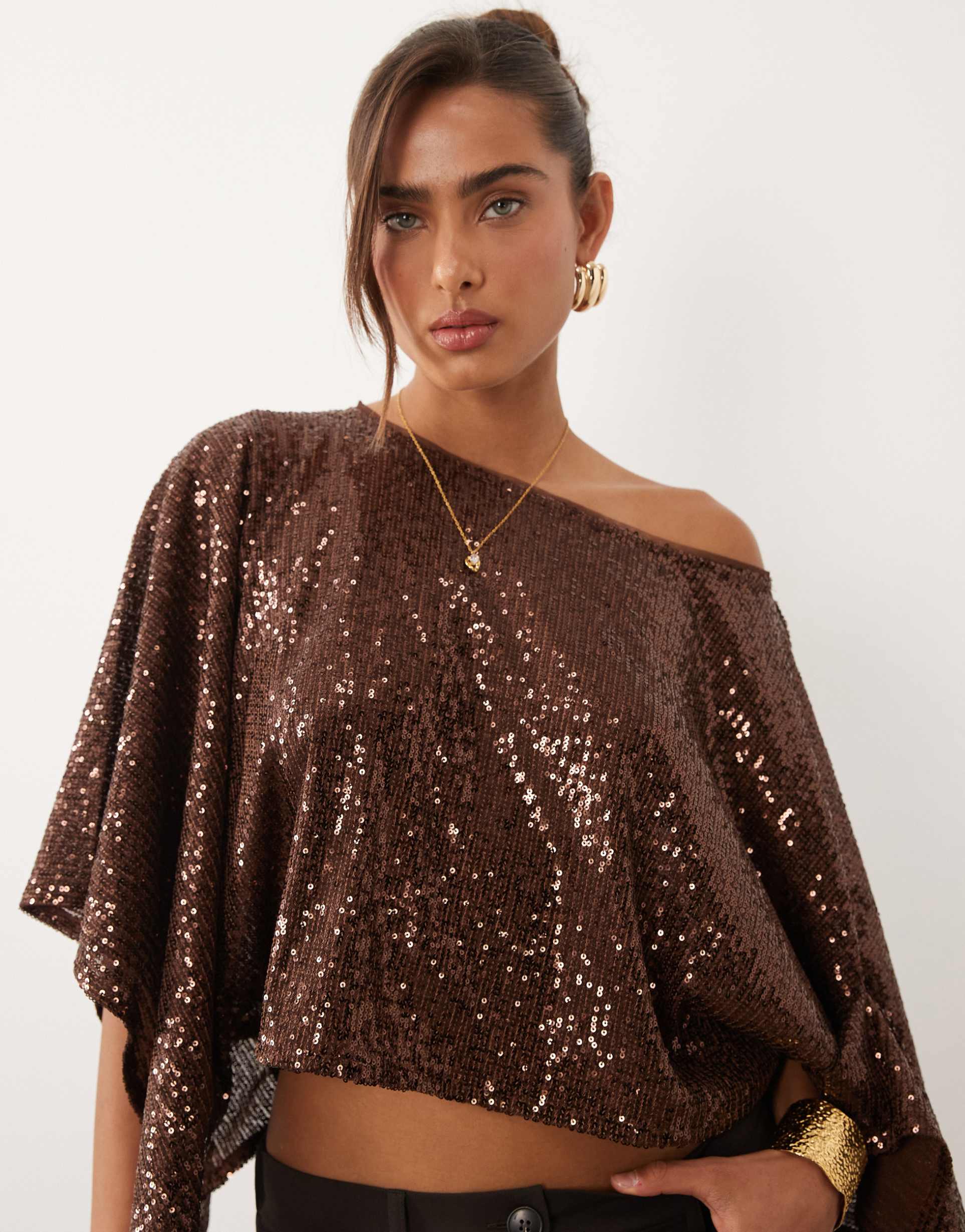 asos design sequin cape top in chocolate