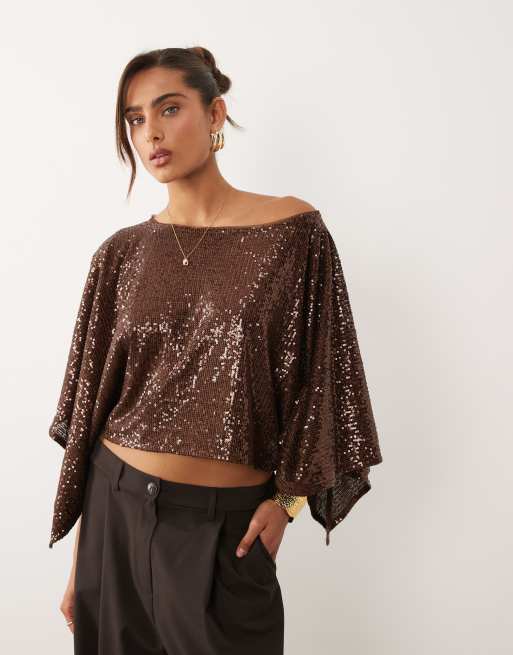 ASOS DESIGN sequin cape top in chocolate, 3 of 4