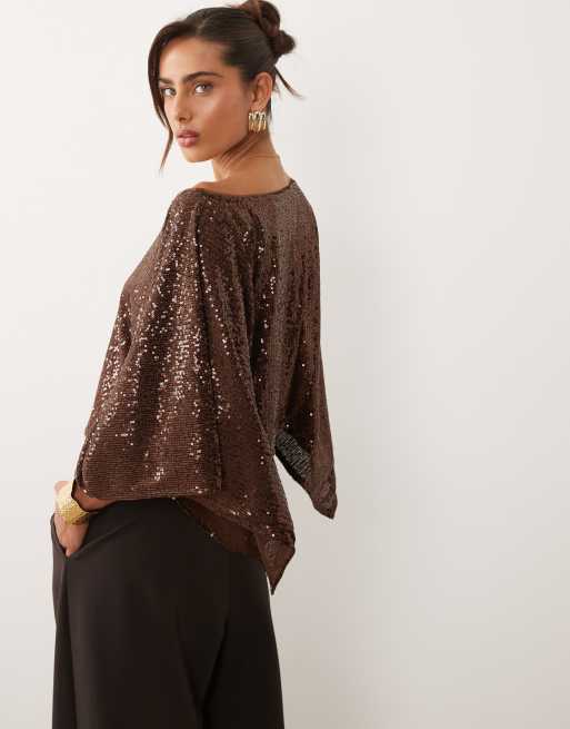 ASOS DESIGN sequin cape top in chocolate, 4 of 4