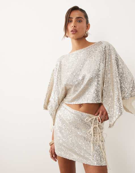 ASOS DESIGN sequin cape top in ivory - view 1