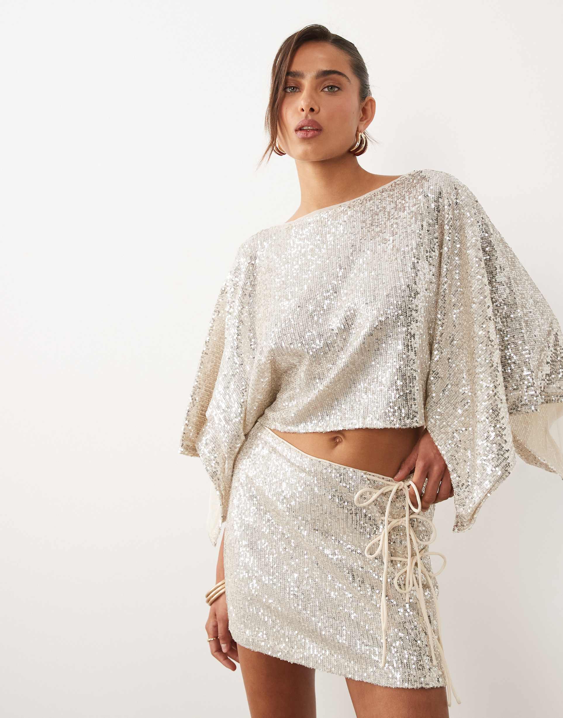 asos design sequin cape top in ivory