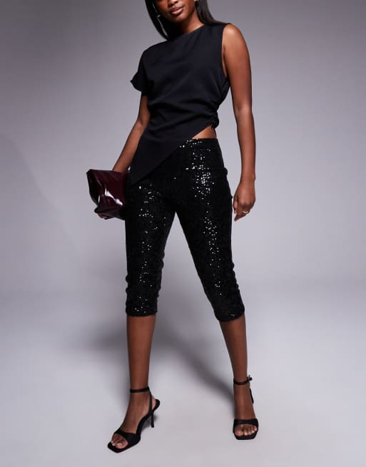 ASOS DESIGN sequin capri pants with side slit in black - part of a set