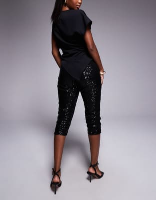 Asos Design Sequin Capri Pants With Side Slit In Black