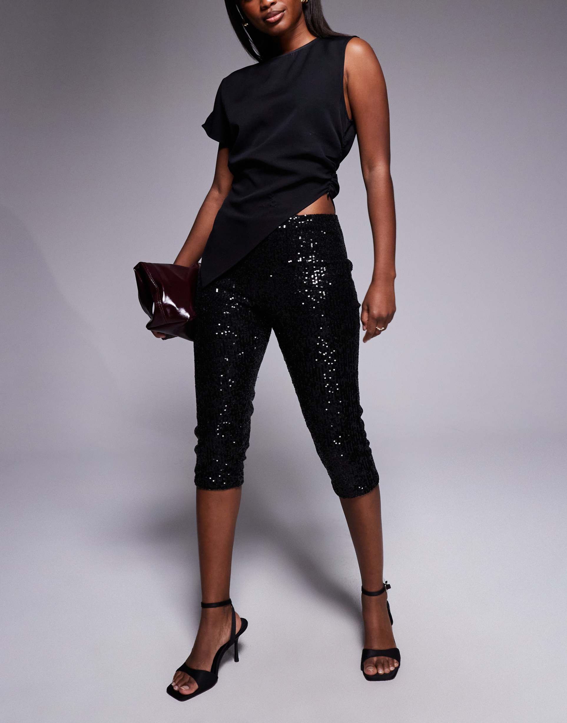 asos design sequin capri pants with side slit in black