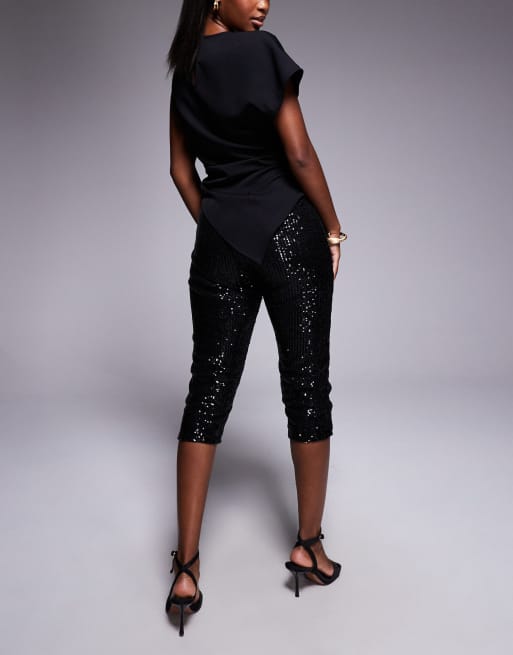 ASOS DESIGN sequin capri pants with side slit in black, 2 of 5