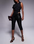 [ASOS DESIGN] ASOS DESIGN sequin capri pants with side split in black (part of a set) S Black