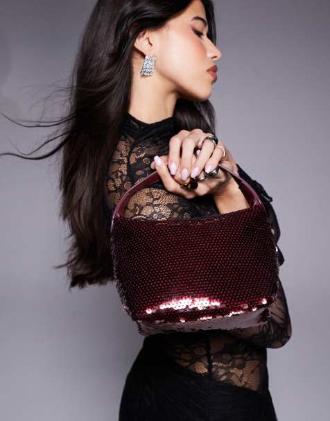 ASOS DESIGN sequin clutch purse in burgundy - view 1