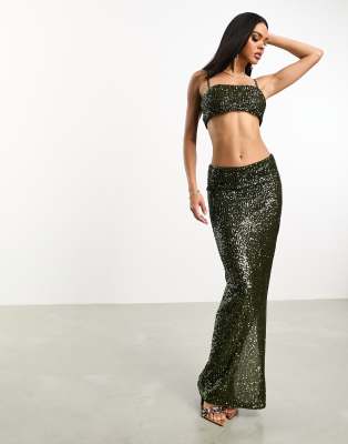 Asos Design Sequin Column Midi Skirt In Green - Part Of A Set