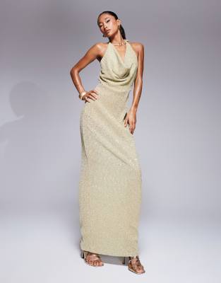 Asos Design Sequin Cowl Maxi Dress With Cross Back In Gold