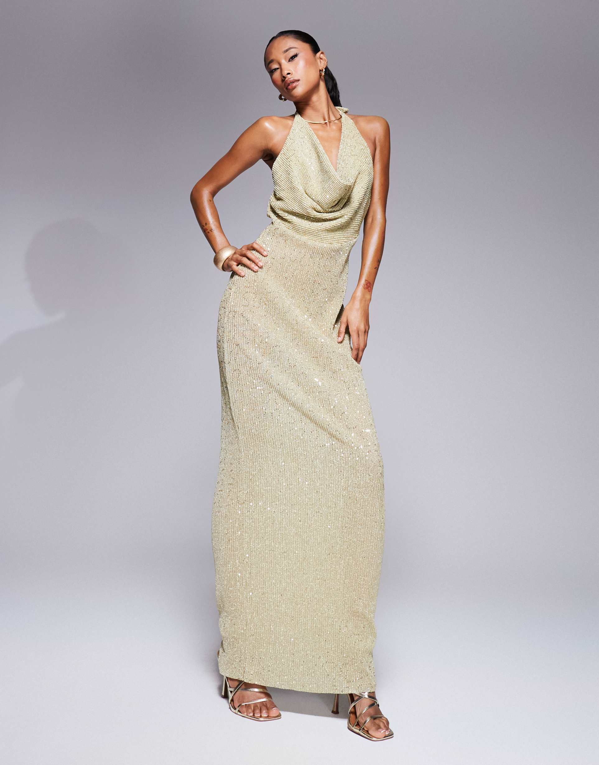 asos design sequin cowl maxi dress with cross back in gold