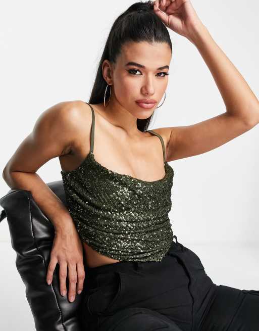 ASOS DESIGN sequin cowl neck corset top in forest green | ASOS