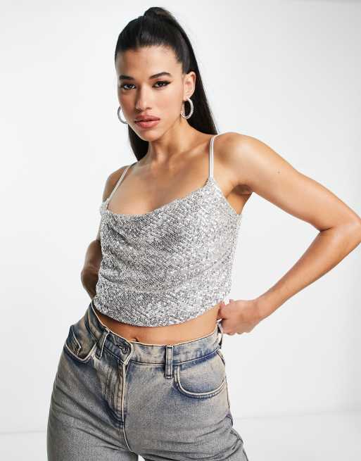 ASOS DESIGN sequin cowl neck corset top in silver