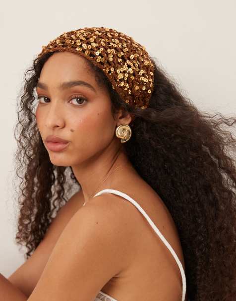 ASOS DESIGN sequin crochet headscarf in gold - view 1