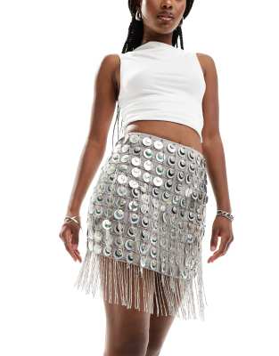 Asos Design Sequin Disc And Tassel Mini Skirt In Silver