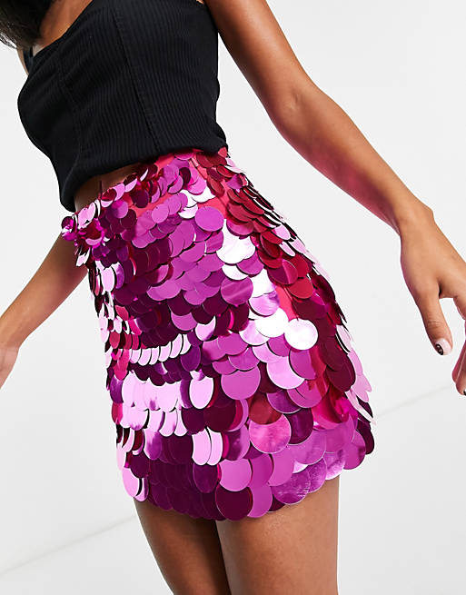 ASOS DESIGN sequin disc mini skirt in bright pink