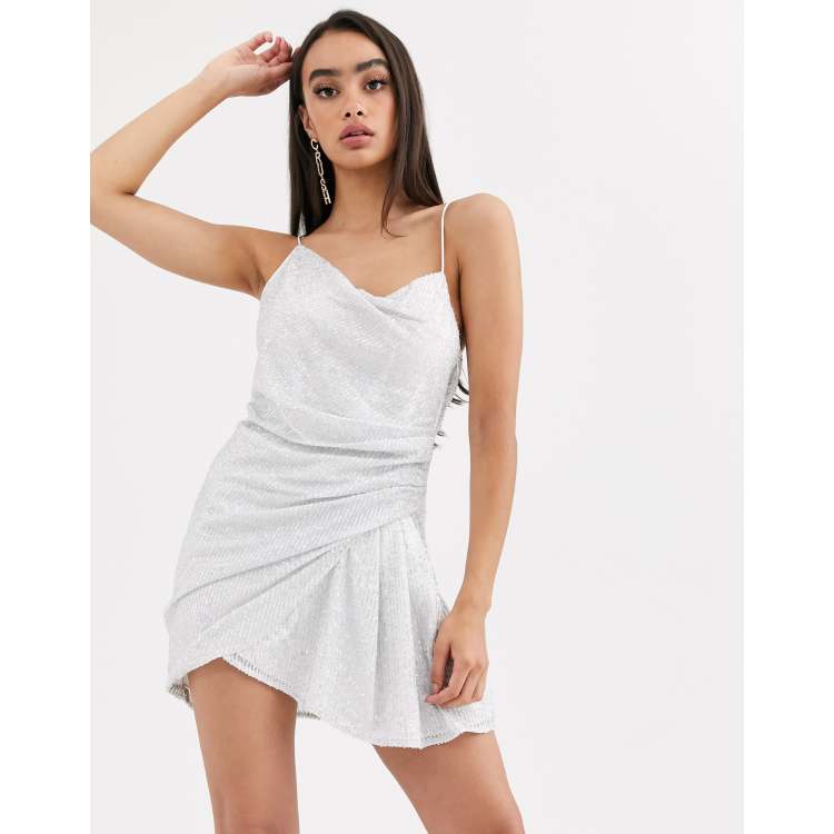 asos silver glitter dress ASOS DESIGN halterneck sequin maxi dress in silver sequin with mesh ruffle  inserts in silver