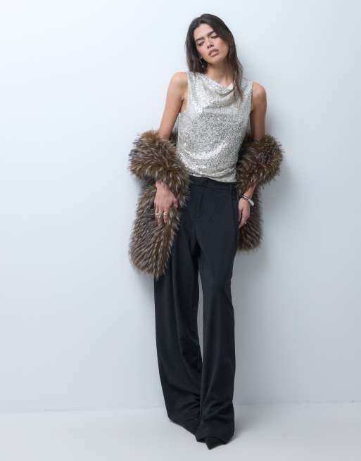 ASOS DESIGN sequin draped slash neck cami top in silver, 2 of 5