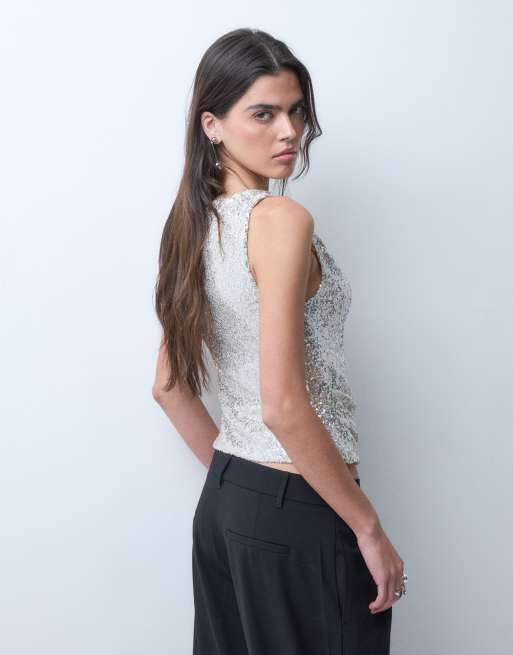 ASOS DESIGN sequin draped slash neck cami top in silver, 3 of 5