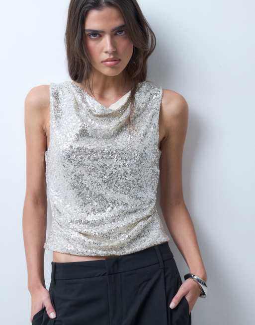 ASOS DESIGN sequin draped slash neck cami top in silver, 4 of 5
