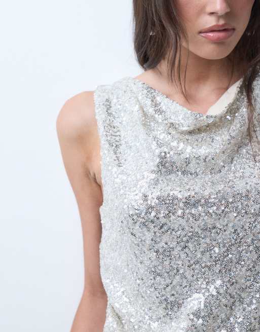 ASOS DESIGN sequin draped slash neck cami top in silver, 5 of 5