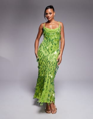 Asos Design Sequin Droplet Cowl Neck Maxi Dress In Green
