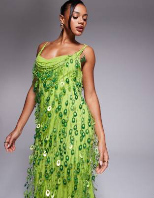 Asos Design Sequin Droplet Cowl Neck Maxi Dress In Green