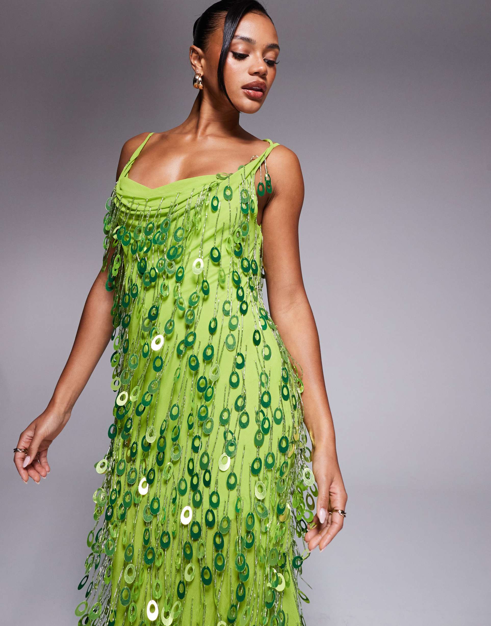 asos design sequin droplet cowl neck maxi dress in bright green