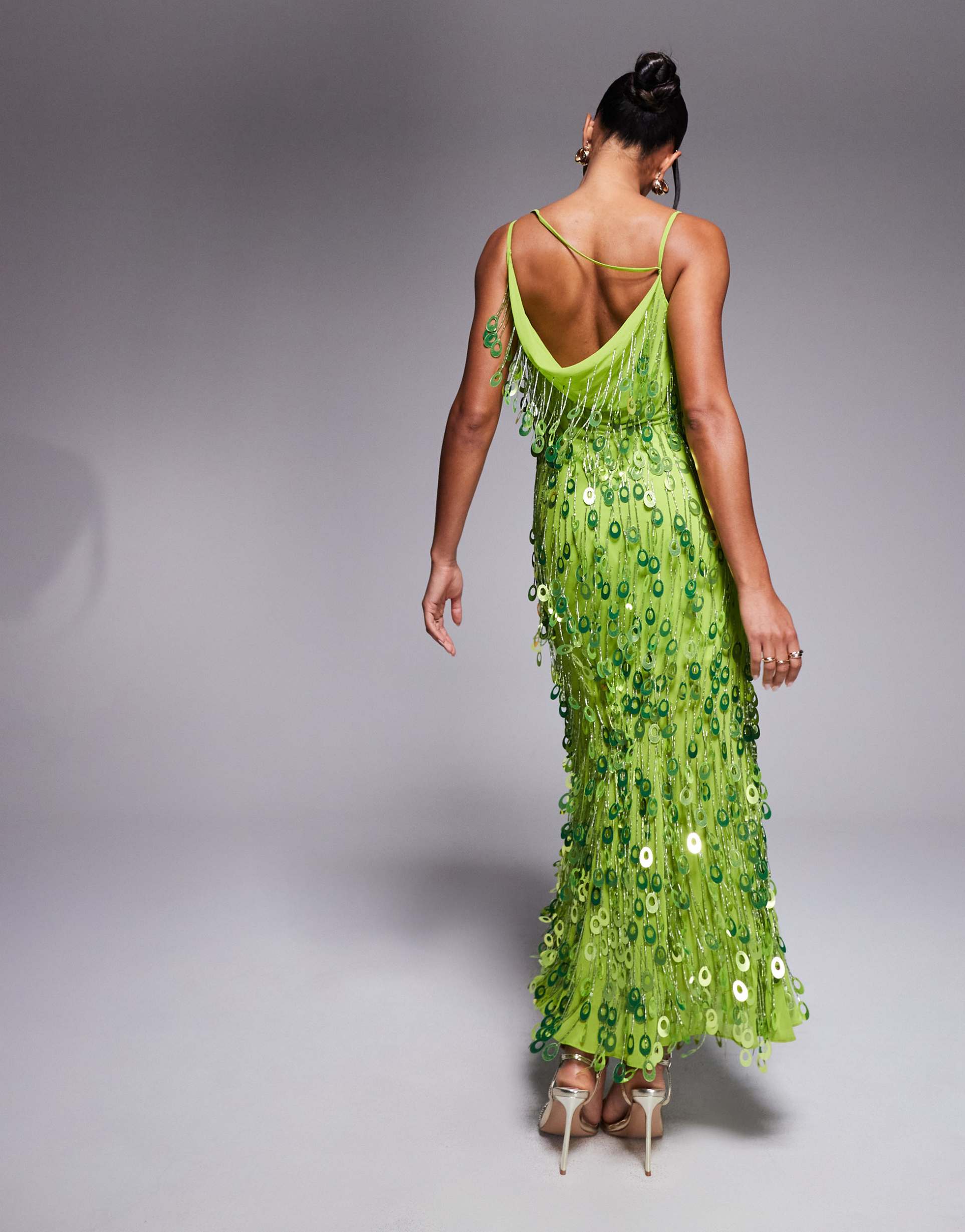 asos design sequin droplet cowl neck maxi dress in bright green