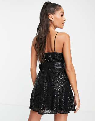 Women's Sequin Cami Mini Dress in Black Sequin