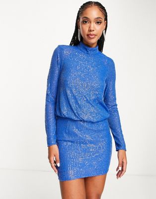 ASOS DESIGN sequin embellished high neck mini dress in blue